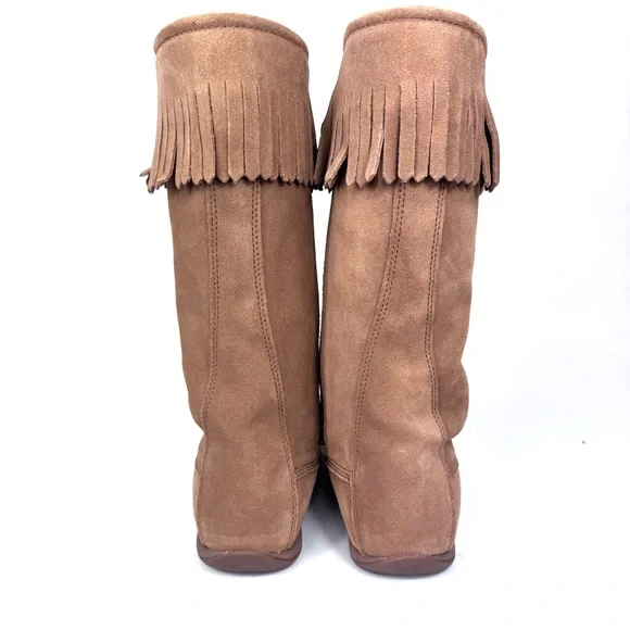 LL Bean tall suede tan moccasin boots shearling lined lace up w fringe. Sz 7.5 - Picture 6 of 14